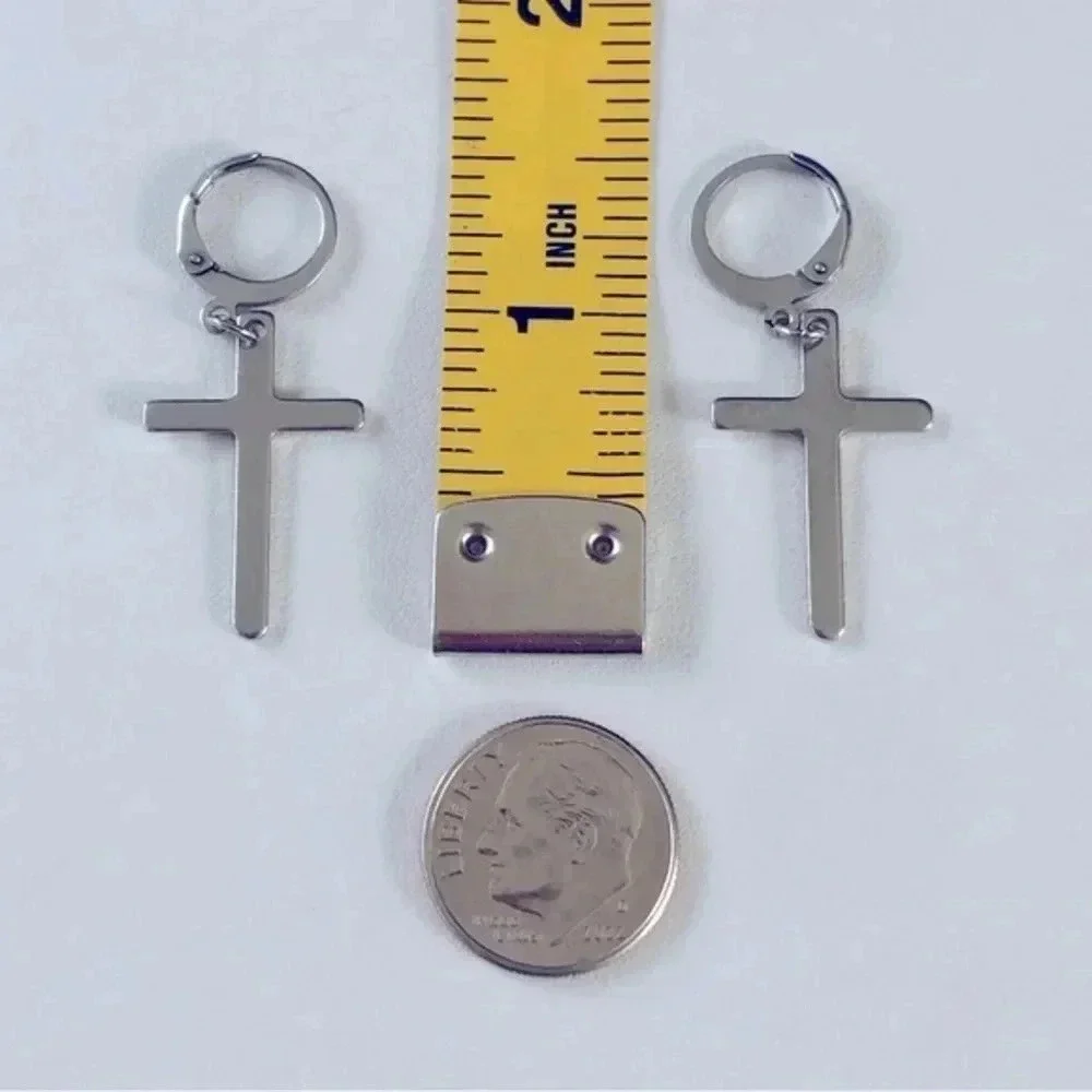 Silver Christian Cross on Hoop Stainless Steel Earrings NWT